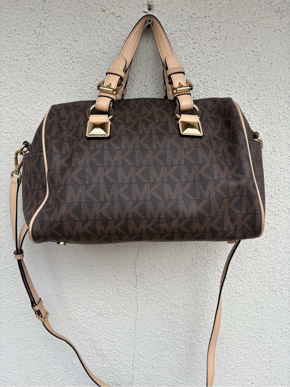 Michael Kors Brown and Beige MK Monogram Satchel Bag Women’s